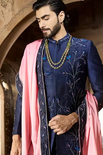 Blue embroidered rawsilk sherwani