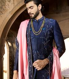 Blue embroidered rawsilk sherwani