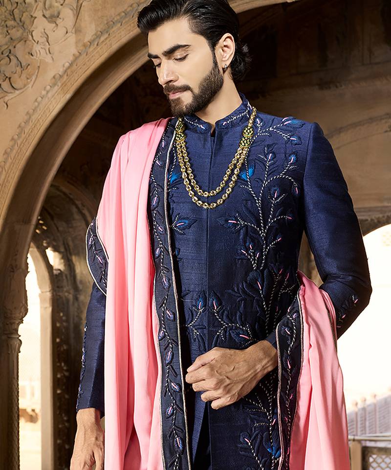 Blue embroidered rawsilk sherwani