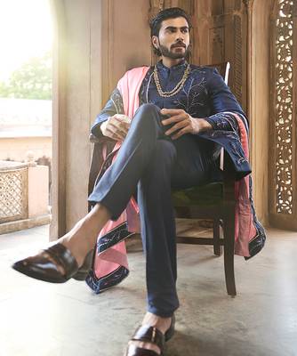Blue embroidered rawsilk sherwani 3
