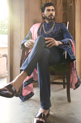 Blue embroidered rawsilk sherwani