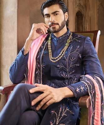 Blue embroidered rawsilk sherwani 4