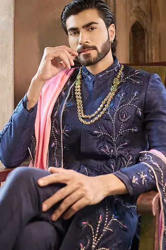 Blue embroidered rawsilk sherwani