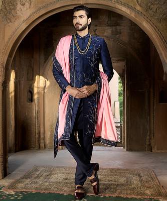 Blue embroidered rawsilk sherwani 1