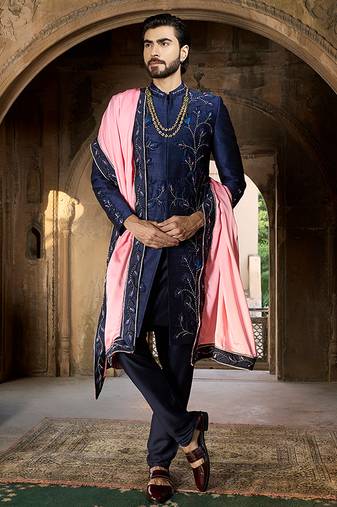Blue embroidered rawsilk sherwani