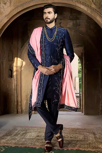 Blue embroidered rawsilk sherwani
