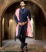 Blue embroidered rawsilk sherwani