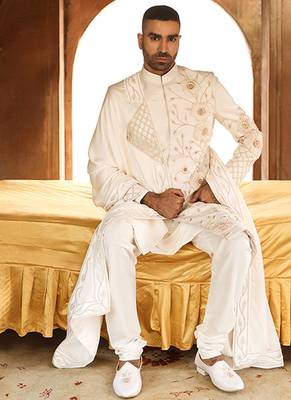 Ivory embroidered rawsilk sherwani 1