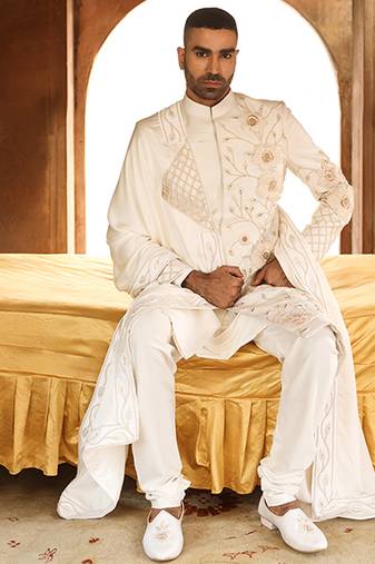 Ivory embroidered rawsilk sherwani