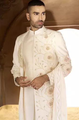 Ivory embroidered rawsilk sherwani