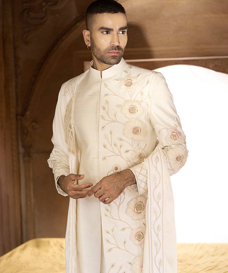 Ivory embroidered rawsilk sherwani