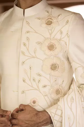 Ivory embroidered rawsilk sherwani