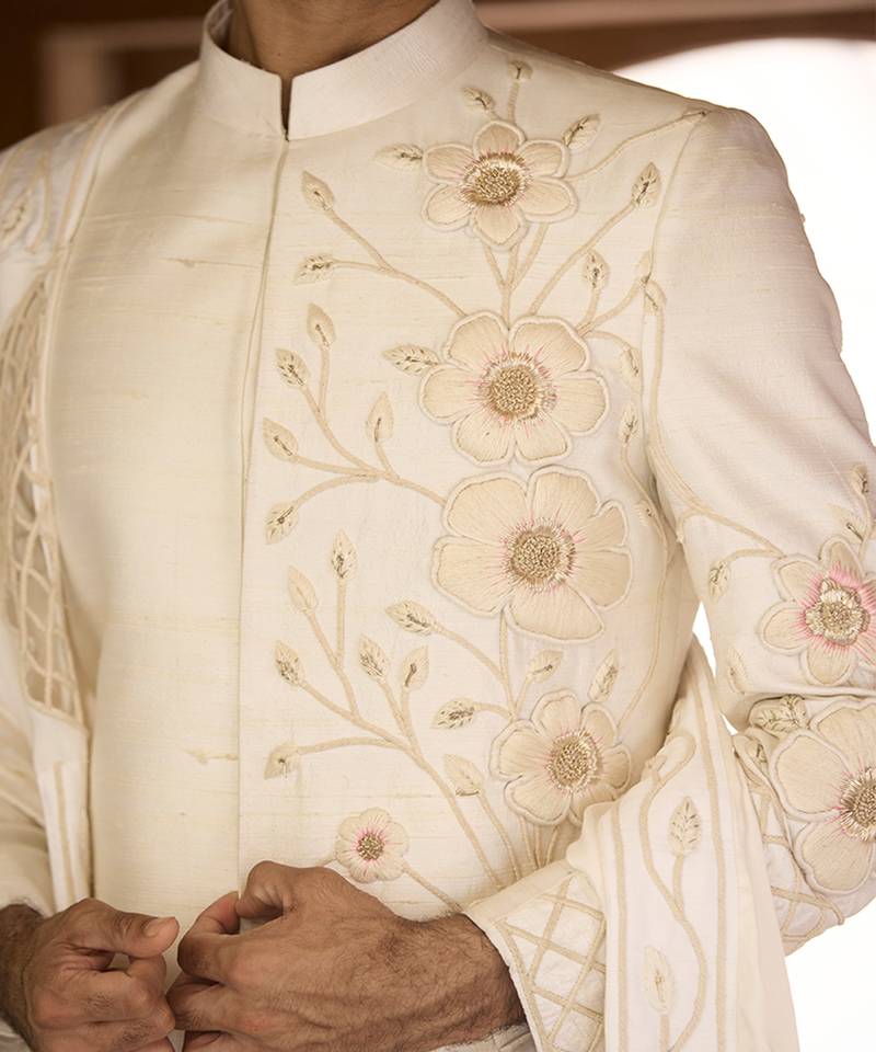 Ivory embroidered rawsilk sherwani