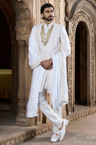 Ivory embroidered rawsilk sherwani