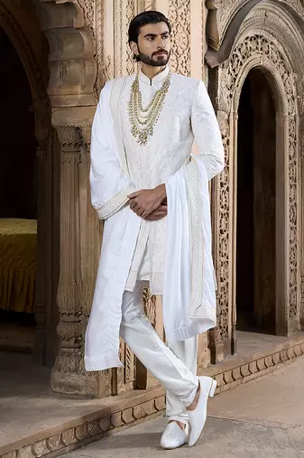 Ivory embroidered rawsilk sherwani