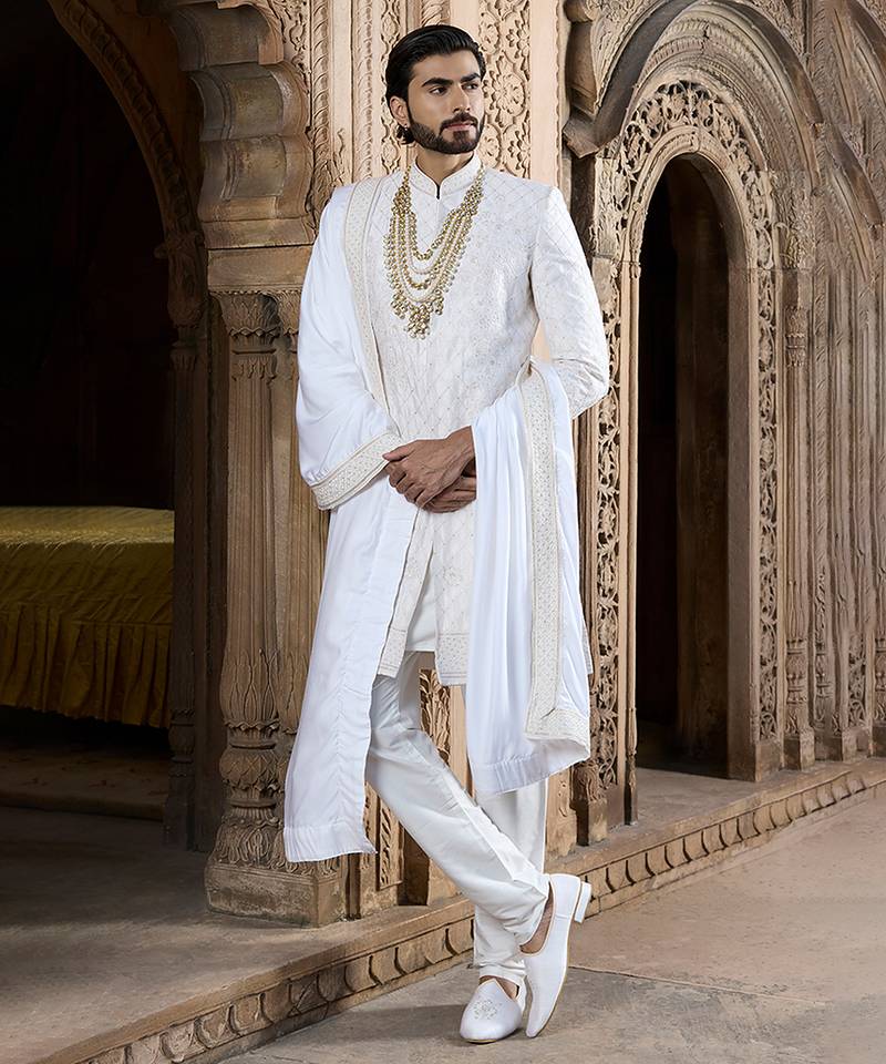 Ivory embroidered rawsilk sherwani