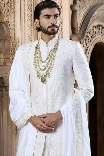 Ivory embroidered rawsilk sherwani