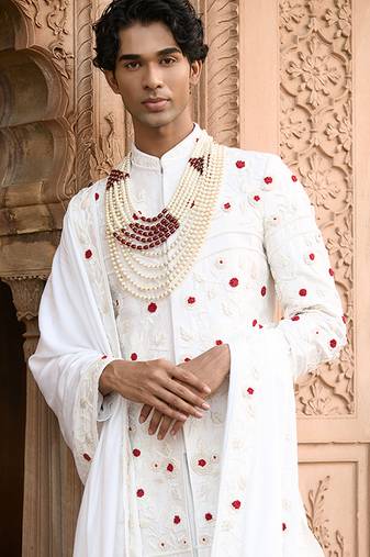 Ivory embroidered rawsilk sherwani