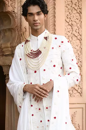 Ivory embroidered rawsilk sherwani