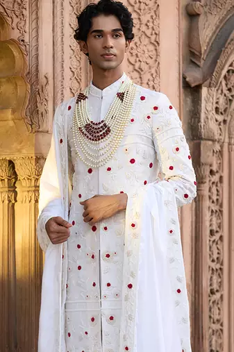 Ivory embroidered rawsilk sherwani