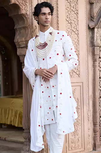Ivory embroidered rawsilk sherwani