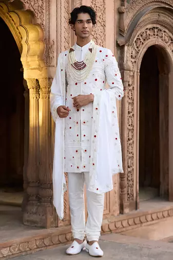Ivory embroidered rawsilk sherwani