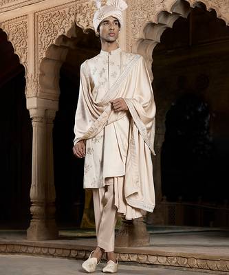 Gold embroidered linen satin sherwani 1