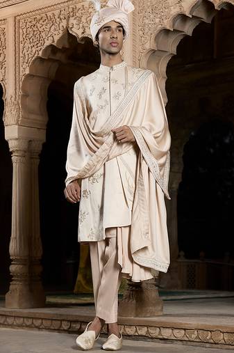 Gold embroidered linen satin sherwani