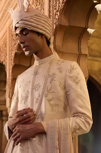 Gold embroidered linen satin sherwani