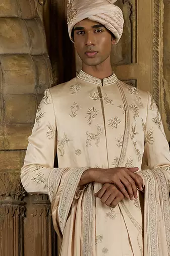 Gold embroidered linen satin sherwani