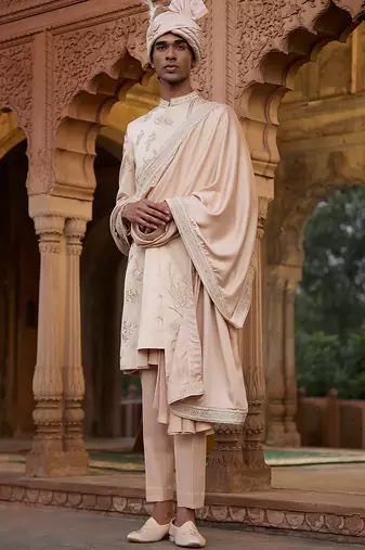 Gold embroidered linen satin sherwani