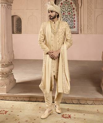 Gold embroidered rawsilk sherwani 1