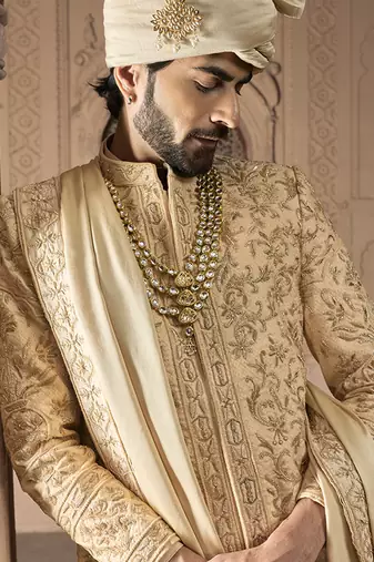 Gold embroidered rawsilk sherwani