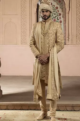 Gold embroidered rawsilk sherwani