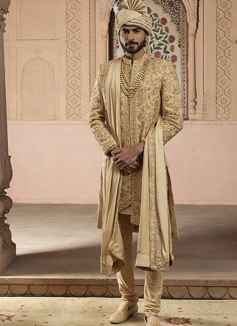 Gold embroidered rawsilk sherwani