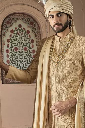 Gold embroidered rawsilk sherwani