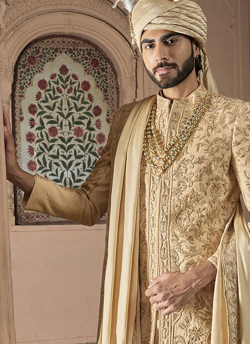 Gold embroidered rawsilk sherwani