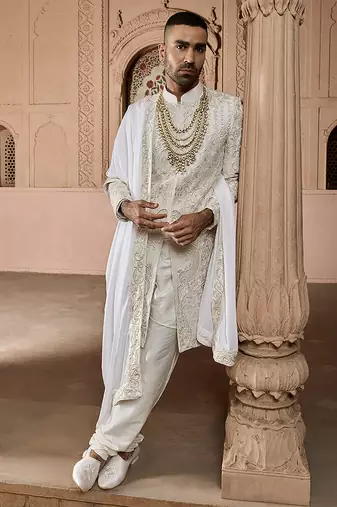 Ivory embroidered rawsilk sherwani