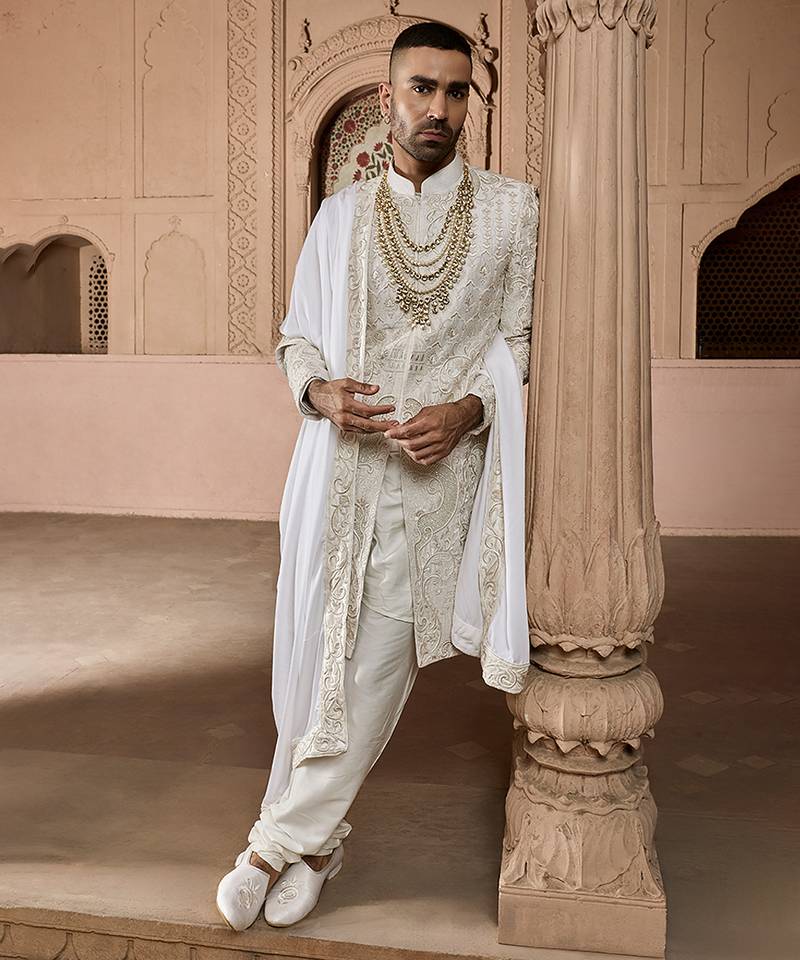 Ivory embroidered rawsilk sherwani