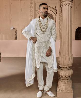 Ivory embroidered rawsilk sherwani 2