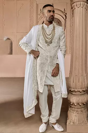 Ivory embroidered rawsilk sherwani