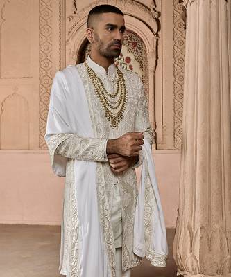 Ivory embroidered rawsilk sherwani 4
