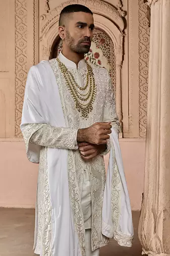 Ivory embroidered rawsilk sherwani