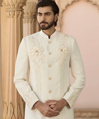 Ivory embroidered crepe silk bandhgala set 2