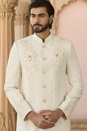 Ivory embroidered crepe silk bandhgala set
