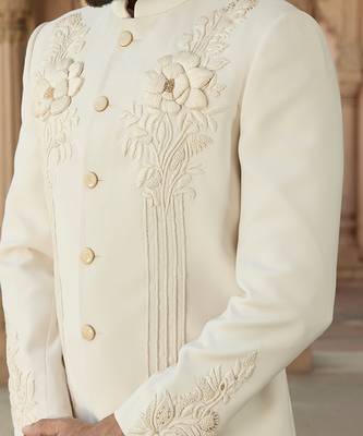 Ivory embroidered crepe silk bandhgala set 3
