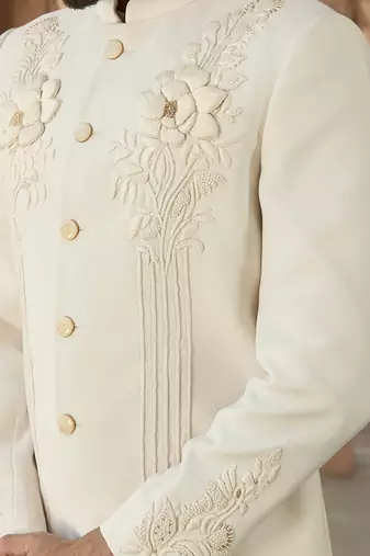 Ivory embroidered crepe silk bandhgala set