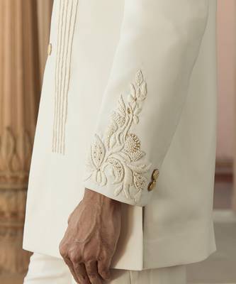 Ivory embroidered crepe silk bandhgala set 4
