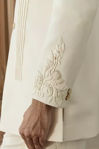 Ivory embroidered crepe silk bandhgala set