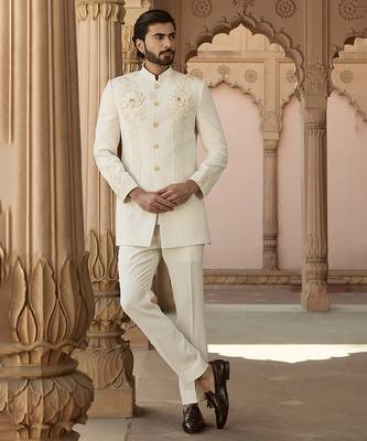 Ivory embroidered crepe silk bandhgala set 1